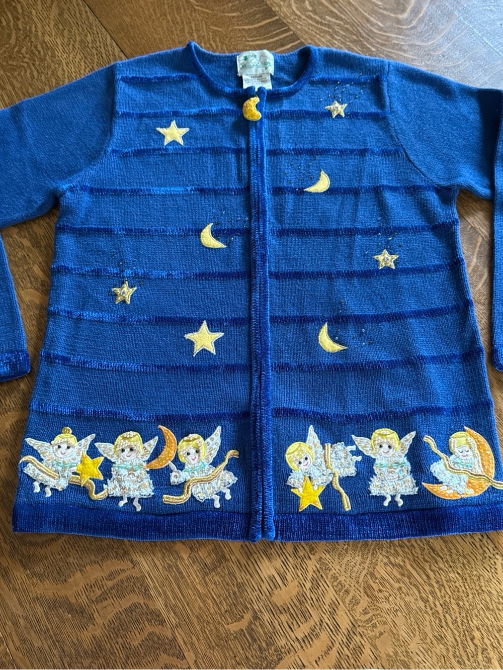Quacker Factory Blue Cardigan with Yellow Star & Moon Appliqués